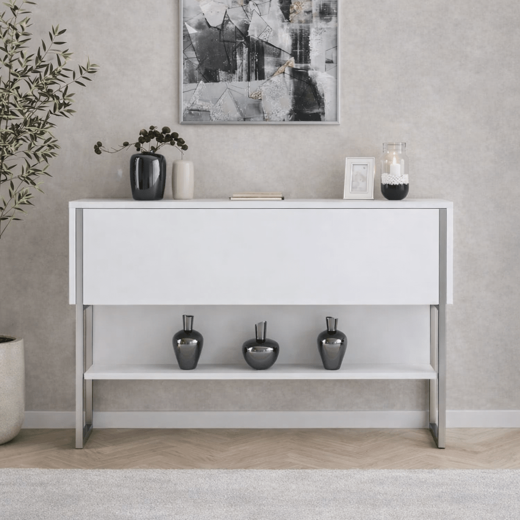 Credenza Moderna Bianca Luxury 120x80x30 - Cornice Argento - Un Vano