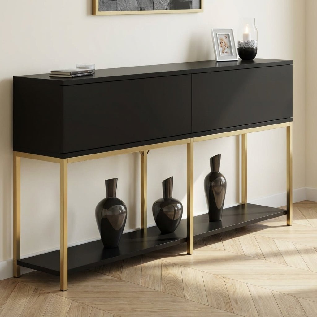 Credenza moderna Black Lord 150x30x80 - Cornice dorata - Due scomparti Foto suggestiva in interni moderni