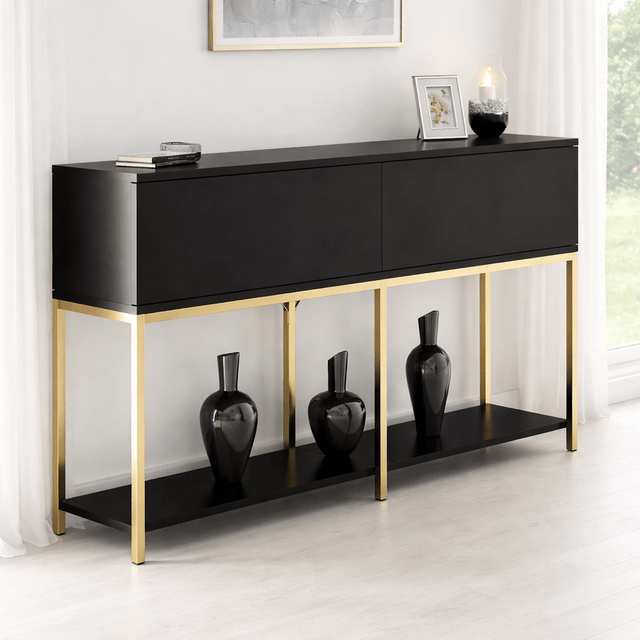 Dressoirs - Modern Dressoir Zwart Lord 150x30x80 - Gouden Frame - Twee Vakken - Dimehouse