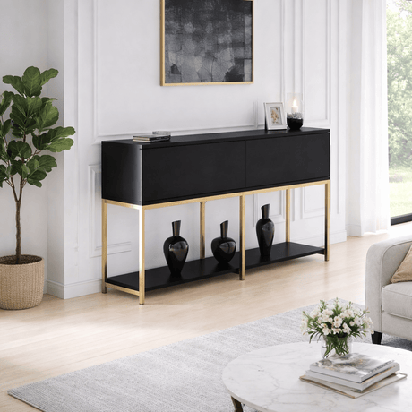 Dressoirs - Modern Dressoir Zwart Lord 150x30x80 - Gouden Frame - Twee Vakken - Dimehouse