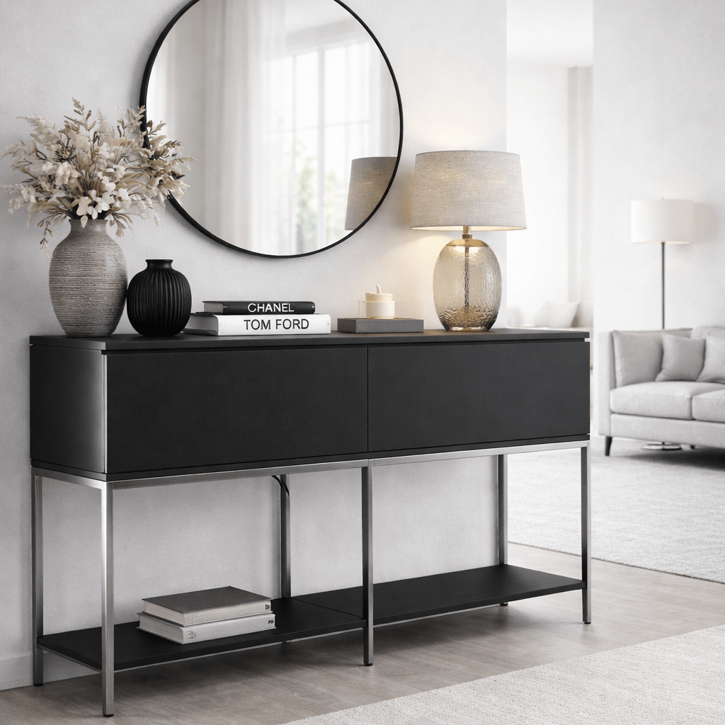 Dressoirs - Modern Dressoir Zwart Lord 150x30x80 - Zilver Frame - Twee Vakken - Dimehouse