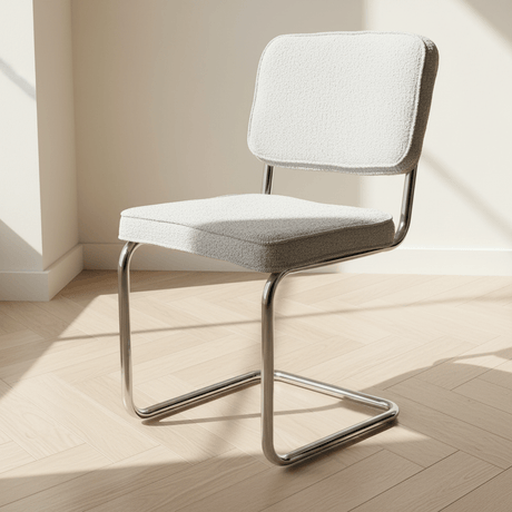 Sedia da pranzo moderna in tessuto Bouclé grigio Sway - Struttura cromata - Senza braccioli