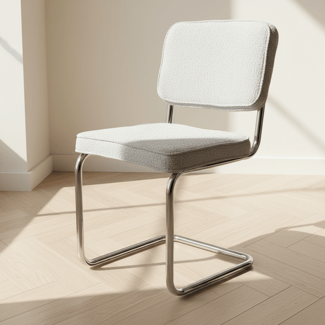 Sedia da pranzo moderna in tessuto Bouclé grigio Sway - Struttura cromata - Senza braccioli