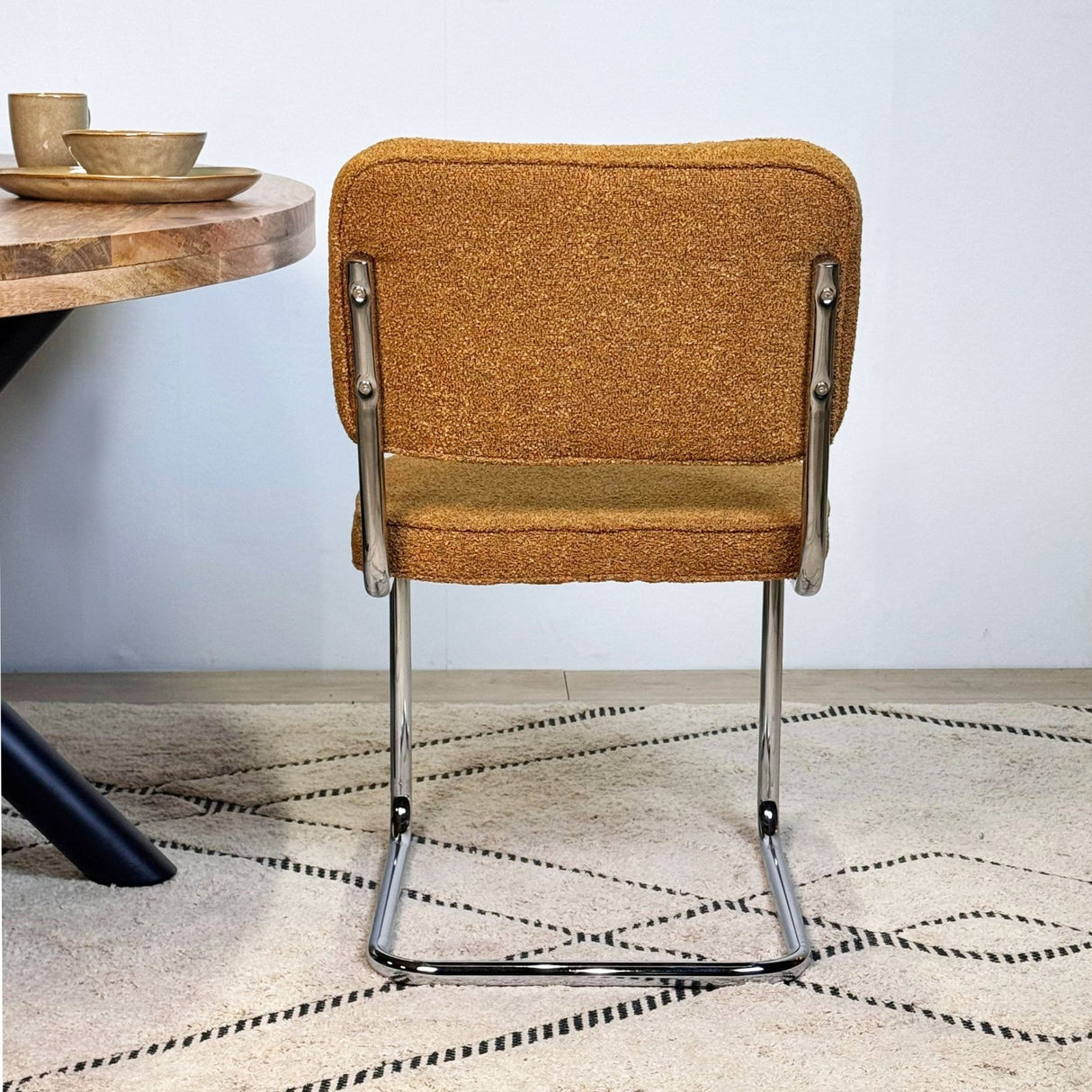 Eetkamerstoelen - Moderne Eetkamerstoel Koper Bouclé Stof Sway - Chrome Frame - Zonder Armleuningen - Dimehouse