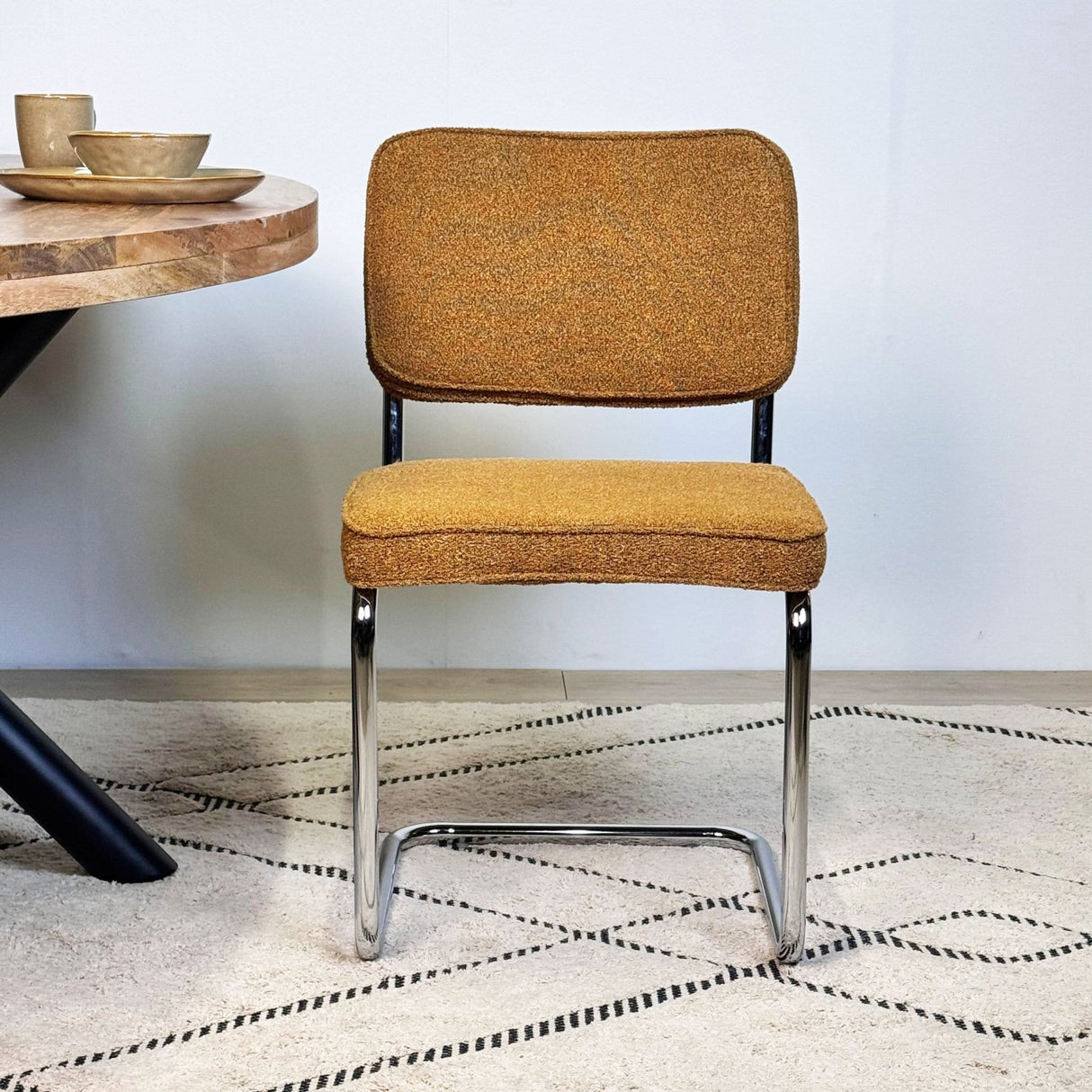 Eetkamerstoelen - Moderne Eetkamerstoel Koper Bouclé Stof Sway - Chrome Frame - Zonder Armleuningen - Dimehouse