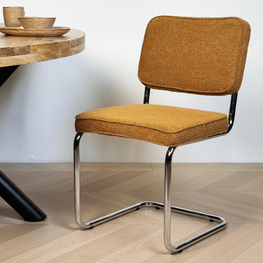 Sedia da pranzo moderna in tessuto Bouclé color rame Sway - Struttura cromata - Senza braccioli