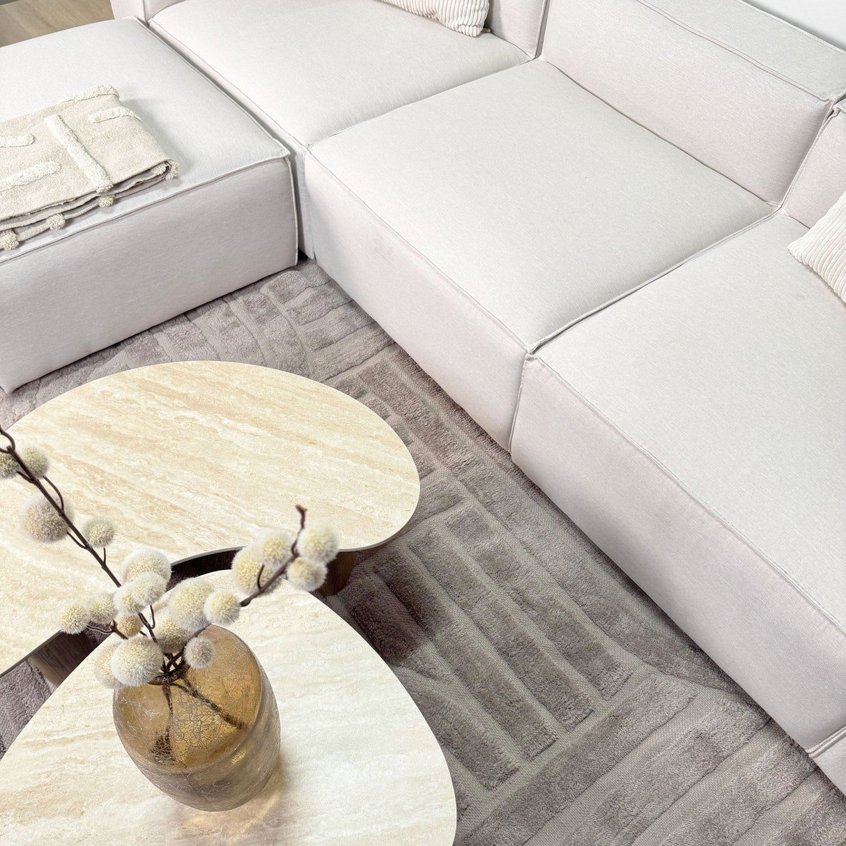 Banken - Modulaire hoekbank met losse hocker ecru beige linnen stof Fora - links - Dimehouse