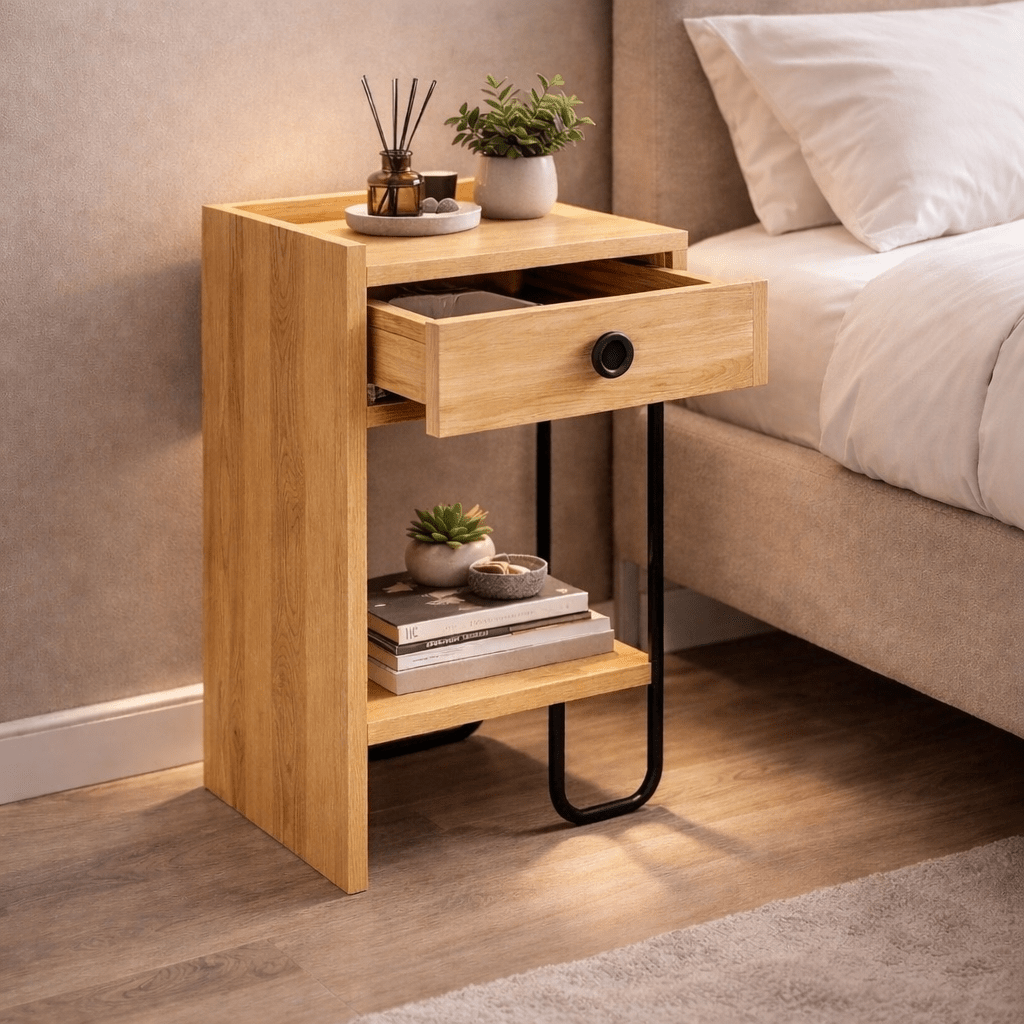 Nachtkastjes - Nachtkastje Sirius Left Eik Melamine 32x61x30 cm - Dimehouse