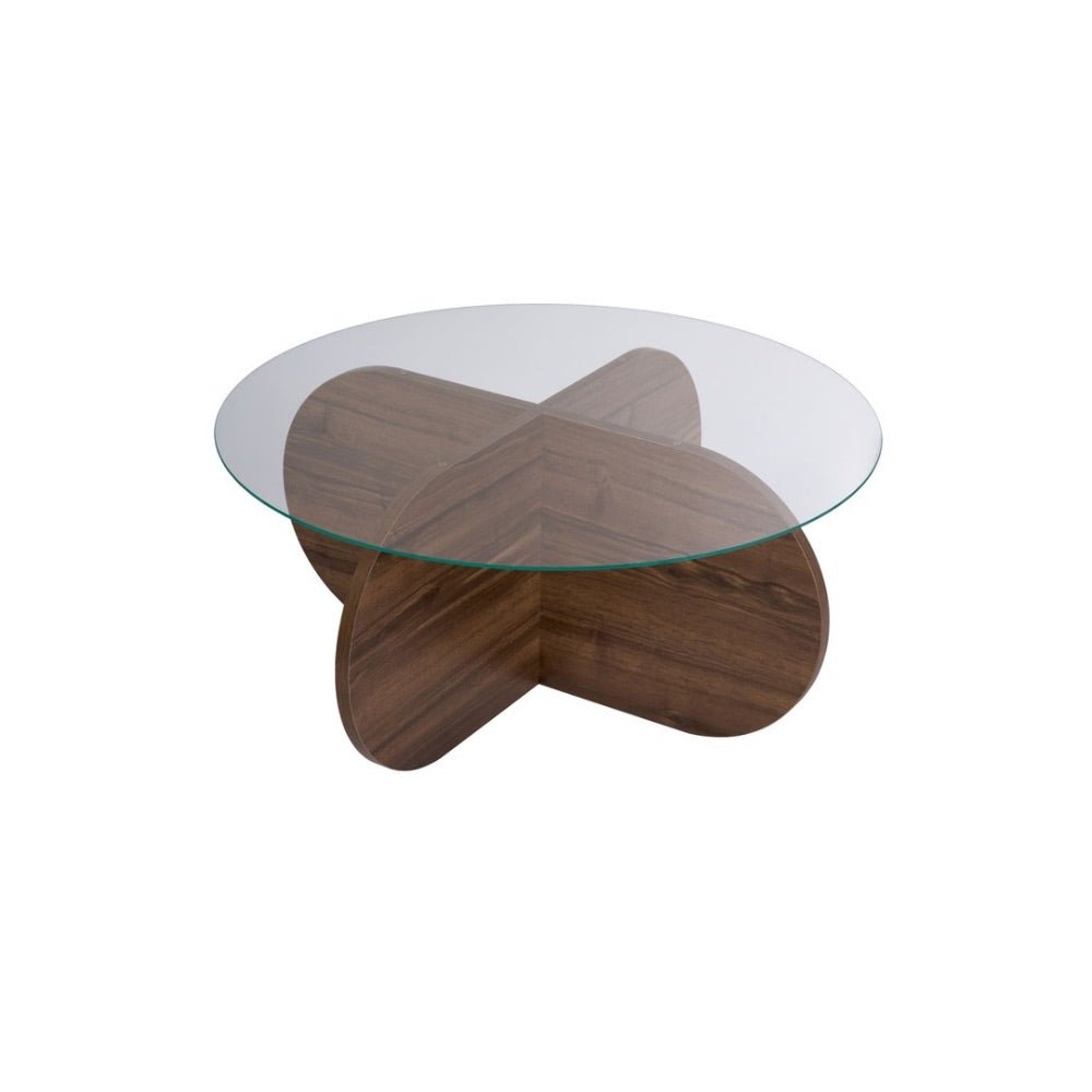 Salontafels-Ronde salontafel Aris walnoot melamine en transparant glas 75 cm-Dimehouse