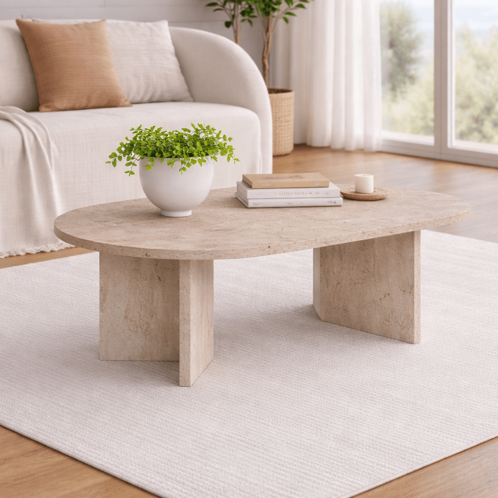 Tavolino ovale melaminico travertino - Japandi - 119x60 cm - Sota