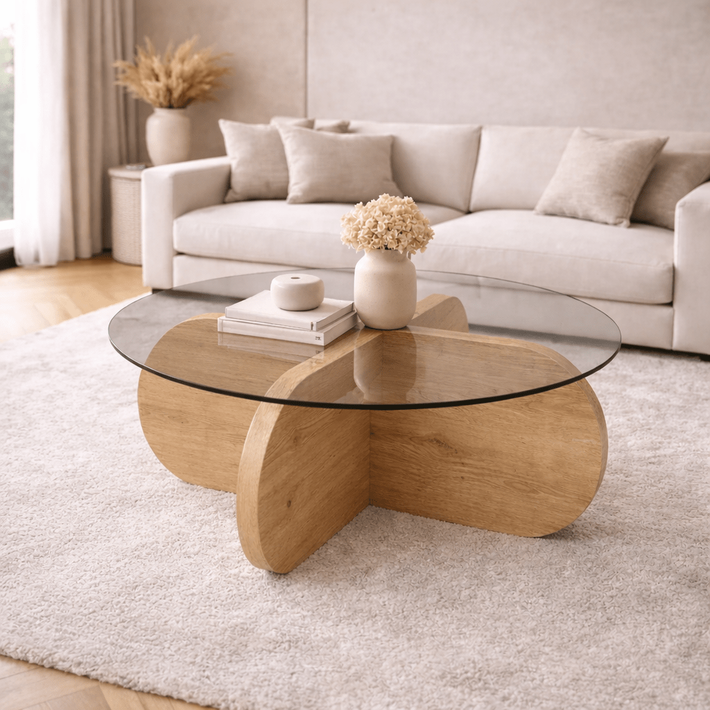 Tavolino rotondo Aris melaminico effetto rovere e vetro trasparente 75 cm