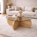 Tavolino rotondo Aris melaminico effetto rovere e vetro trasparente 75 cm