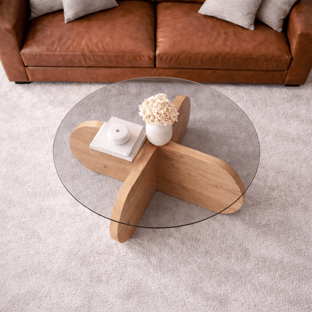 Tavolino rotondo Aris melaminico effetto rovere e vetro trasparente 75 cm