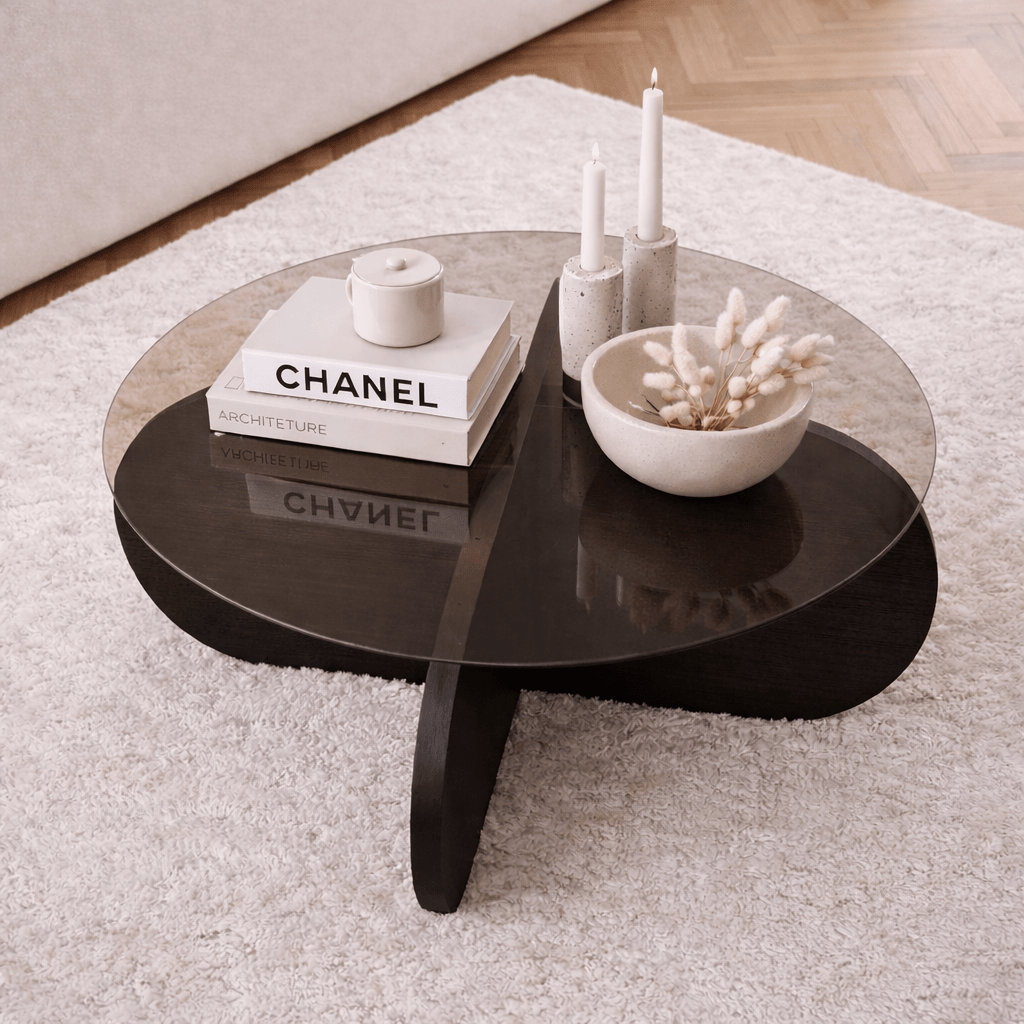 Salontafels - Ronde salontafel Aris zwart melamine en rookglas 75 cm - Dimehouse