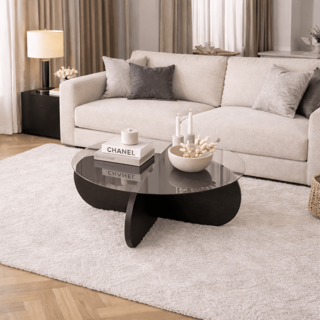 Tavolino rotondo Aris melaminico nero e vetro trasparente 75 cm