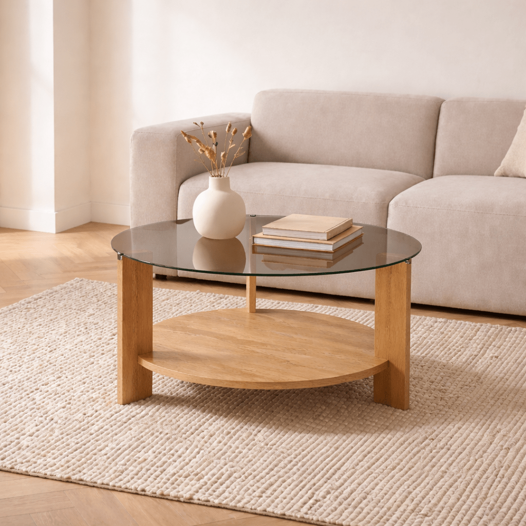 Salontafels - Ronde salontafel eiken melamine rookglas Ø75 cm - Cairo - Dimehouse
