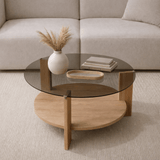 Salontafels - Ronde salontafel eiken melamine rookglas Ø75 cm - Cairo - Dimehouse