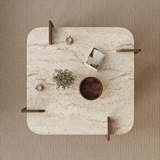 Salontafels - Japandi salontafel travertin met walnoot - melamine - 90 x 90 cm - Alfro - Dimehouse