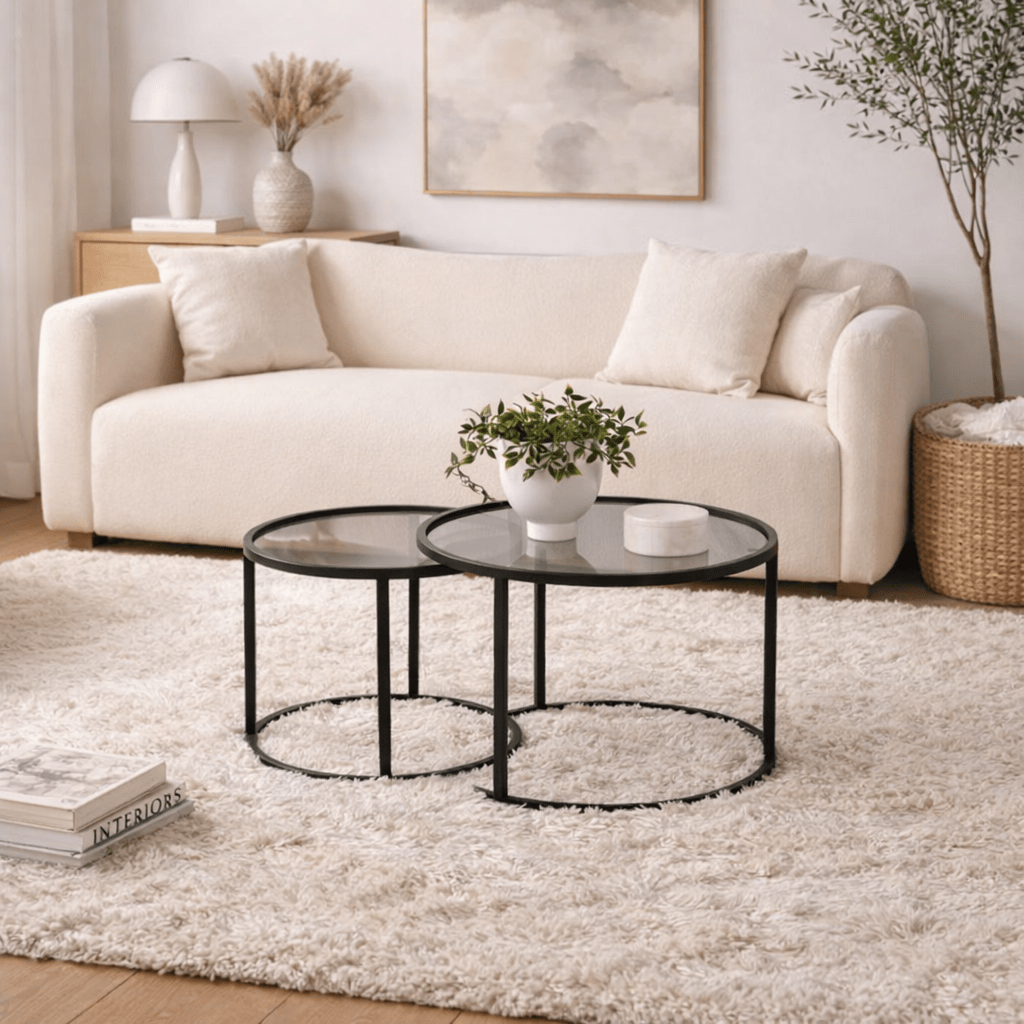 Salontafels - Salontafelset van 2 Rond Glas - Zwart Frame - 42 en 60 cm - Barlin - Dimehouse