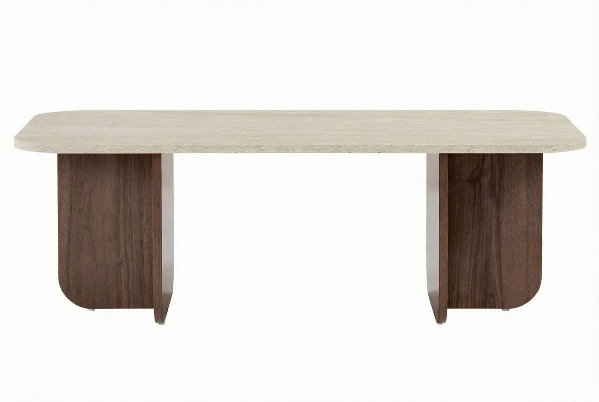 Salontafels - Salontafel walnoot melamine met travertin top - Japandi - 120x60 cm - Akira - Dimehouse