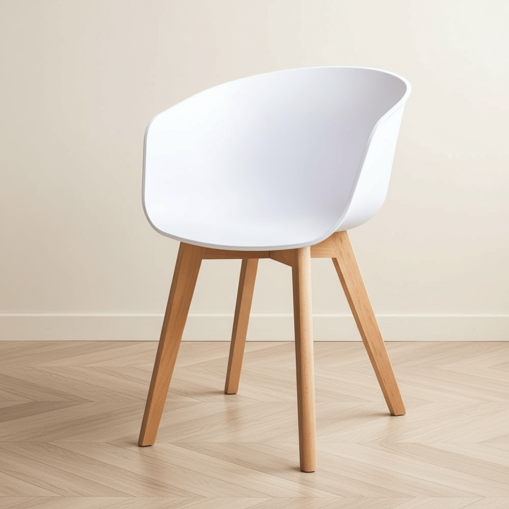 Sedia da pranzo scandinava Herning Bianca - Scocca in plastica - Gambe in legno di faggio Foto suggestiva in interni moderni