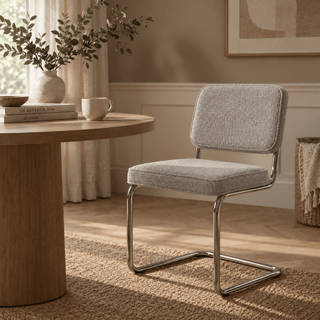 Eetkamerstoelen-Moderne Eetkamerstoel Zandkleur Bouclé Stof Sway - Chrome Frame - Zonder Armleuningen-Dimehouse