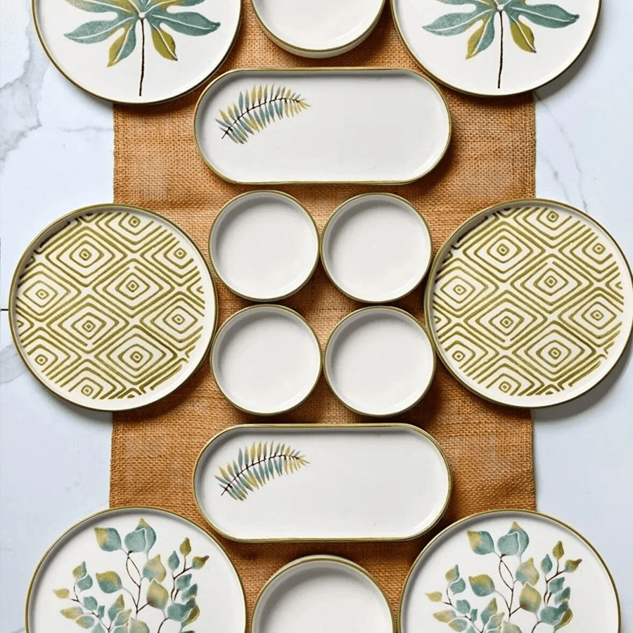 Breakfast Set (14 Pieces) - Servies set keramiek - 14 delig - Botanisch groen - Leave - Dimehouse