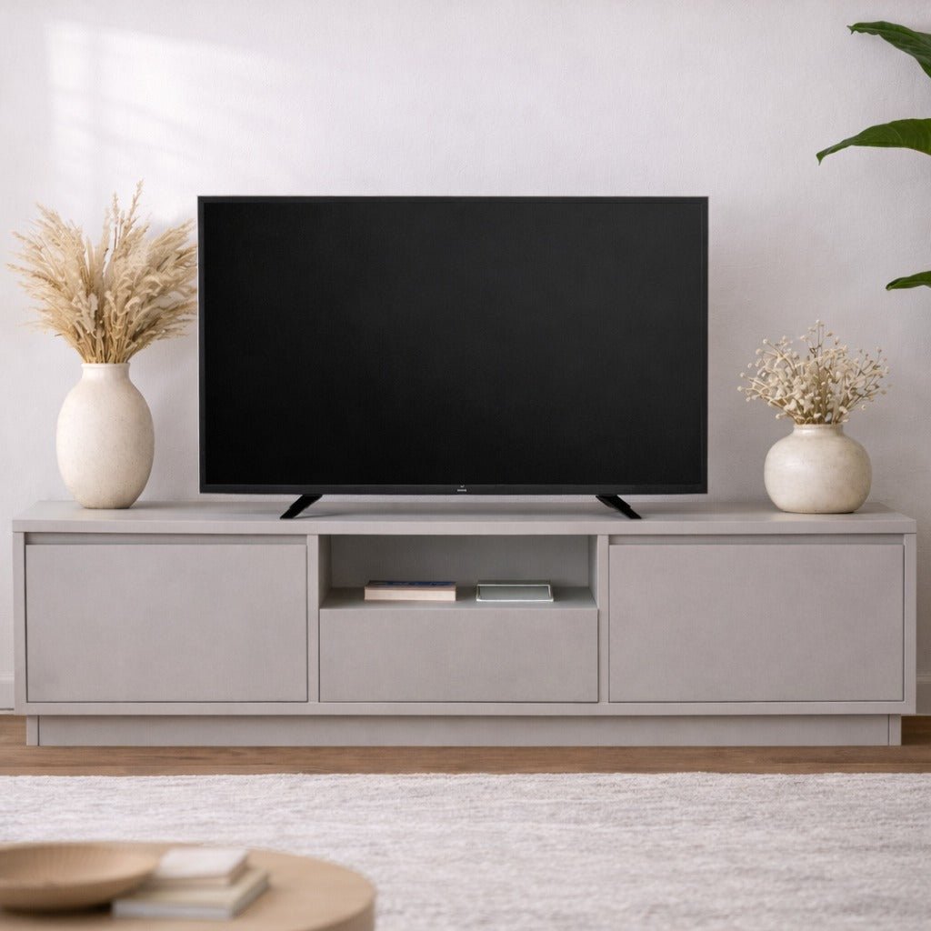 TV Meubels - TV Meubel Grijs Melamine - drie kastjes - 160x42x29,5 cm - Flare - Dimehouse