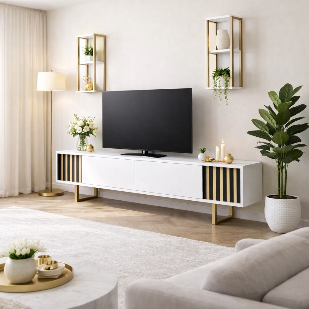 TV Meubels - TV Meubel Set Gold Line Wit Zwart Melamine 180x48x30 cm - Dimehouse
