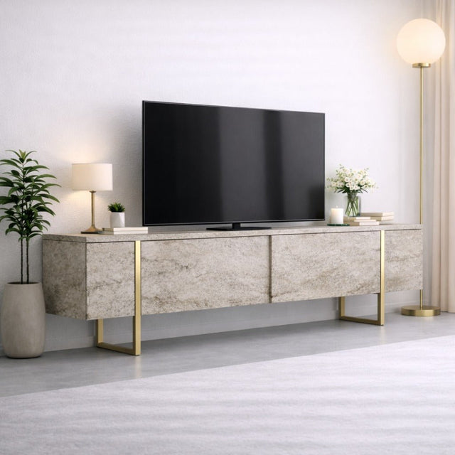 TV Meubels - TV Meubel Travertin Luxe 180x50x30 - Gouden Frame - Dimehouse
