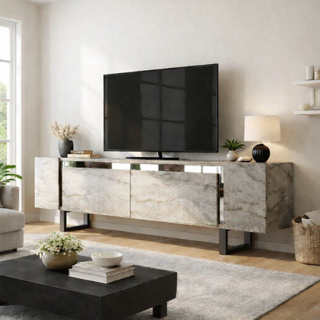 Mobile TV Travertino Yildiz 180x50x30 - Cornice Argento