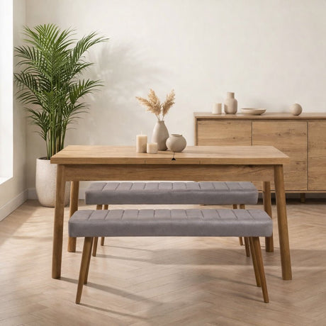Eettafels - Uitschuifbare eettafel Dennen Melamine - 120 tot 155 cm - inclusief bankjes - Santo - Dimehouse