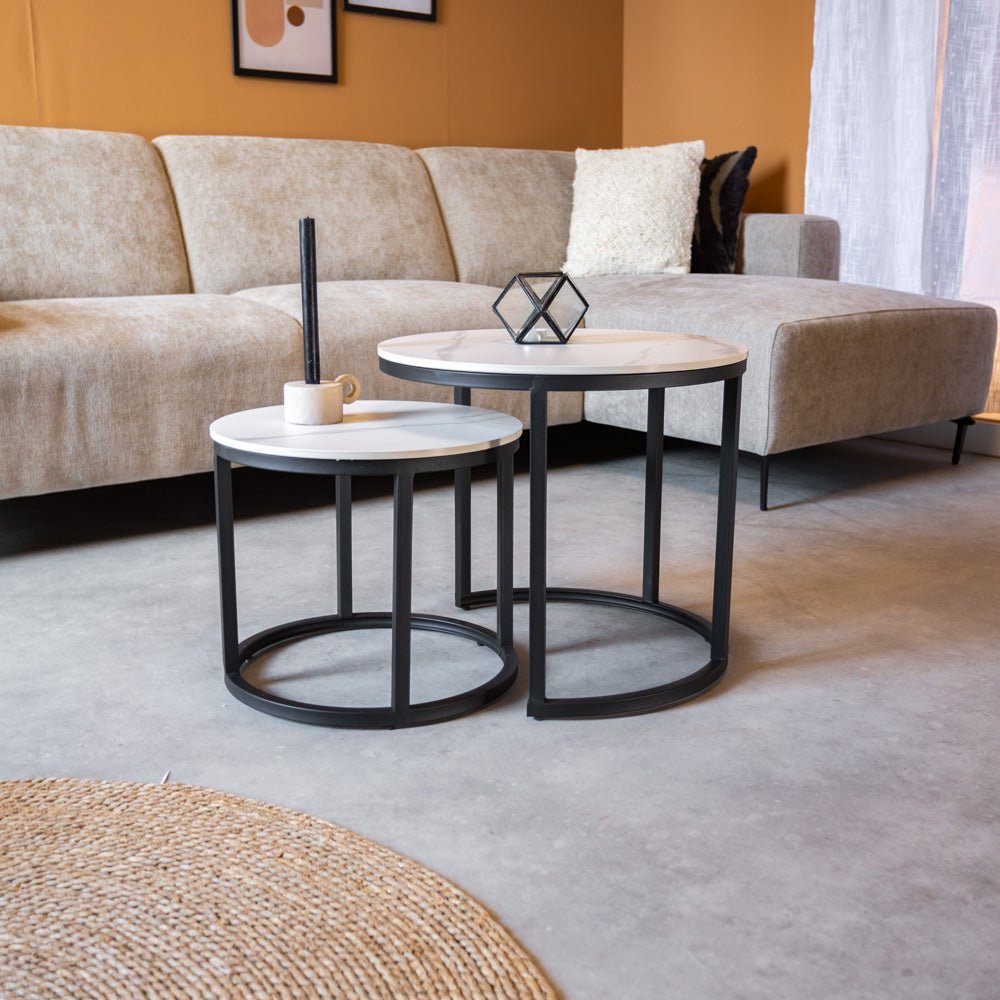 Salontafels - Ronde Salontafel Set van 2 Sintered Stone Marmerlook Paige Wit - Dimehouse
