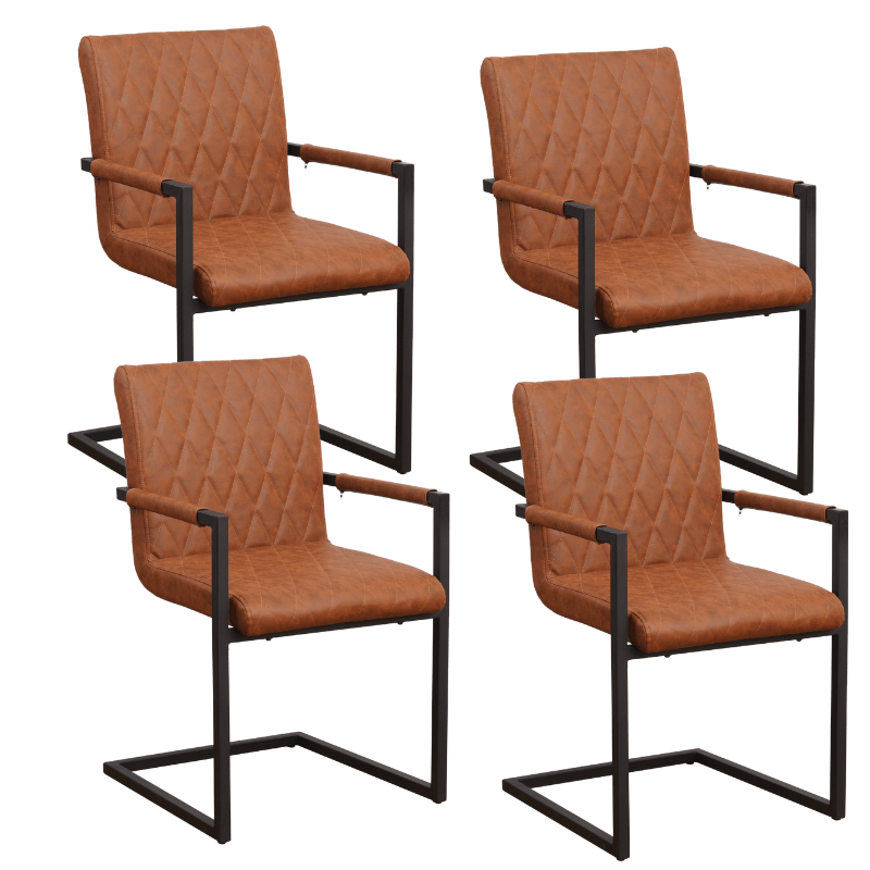 Eetkamerstoelen - Set van 4 Eetkamerstoelen Ruben Industrieel Cognac - Kunstleer - Met Armleuningen - Dimehouse