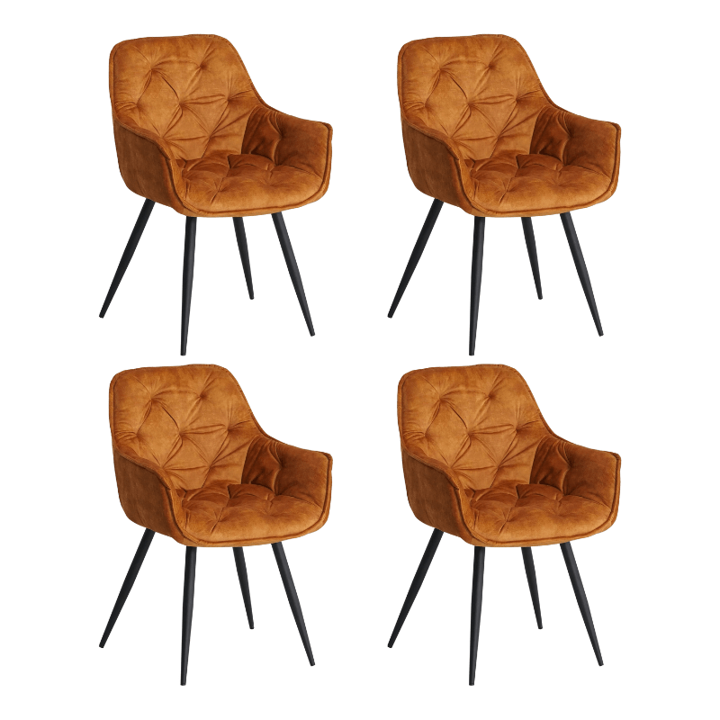 Eetkamerstoelen - Set van 4 Eetkamerstoelen Velvet Okergeel Stof Audrey - Met Armleuningen - Dimehouse