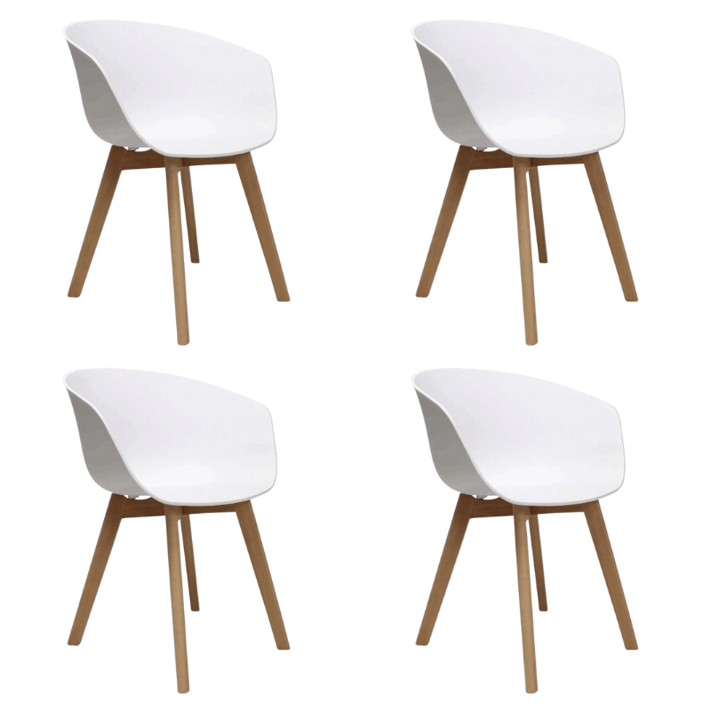Eetkamerstoelen - Set van 4 Eetkamerstoelen Herning Scandinavisch Wit – Kunststof en Beukenhout - Dimehouse