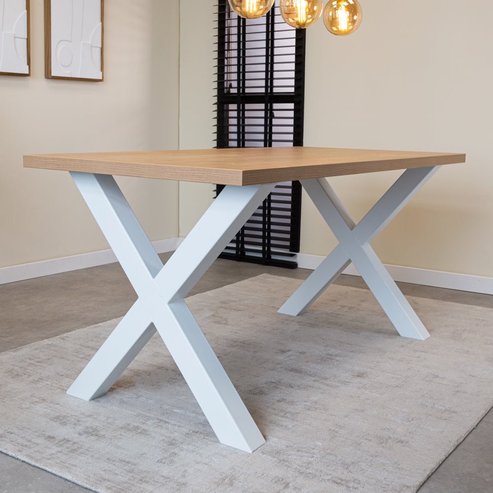 Eettafels - Eettafel Lenzo Rustiek Eiken X - poot wit - Dimehouse