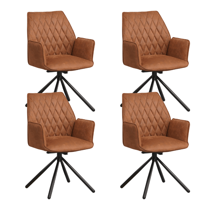 Eetkamerstoelen - Set van 4 Draaibare Eetkamerstoelen Novan Industrieel Cognac Stof – 180° Draaibaar - Dimehouse