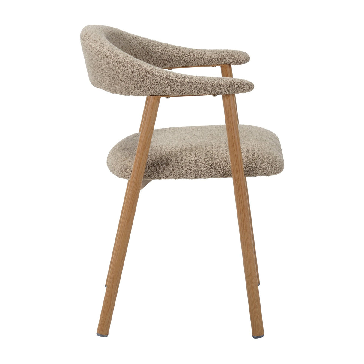 Sedia da sala da pranzo Japandi color sabbia Bouclé Suki - struttura effetto rovere - con braccioli