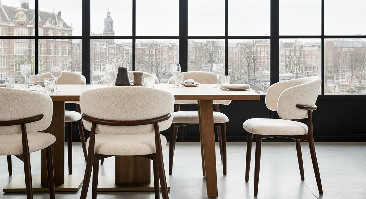 Eetkamerstoelen - Japandi Eetkamerstoel Yuka Zand - Eikenlook Frame - Dimehouse