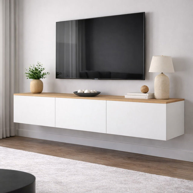 TV Meubels - Zwevend TV Meubel Wit met Eikenlook Melamine - 150x30 cm - West - Dimehouse