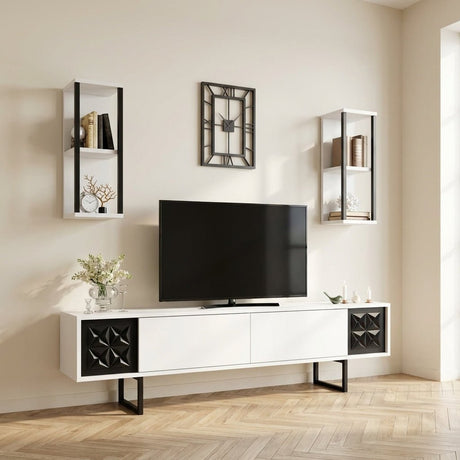 Set di mobili TV Black Line Bianco Nero Melamina 180x48x30 cm foto suggestiva in un interno moderno
