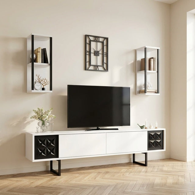 Set di mobili TV Black Line Bianco Nero Melamina 180x48x30 cm foto suggestiva in un interno moderno