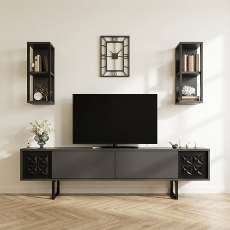 Set di mobili TV Black Line Antracite Nero Melamina 180x48x30 cm foto suggestiva in interni moderni