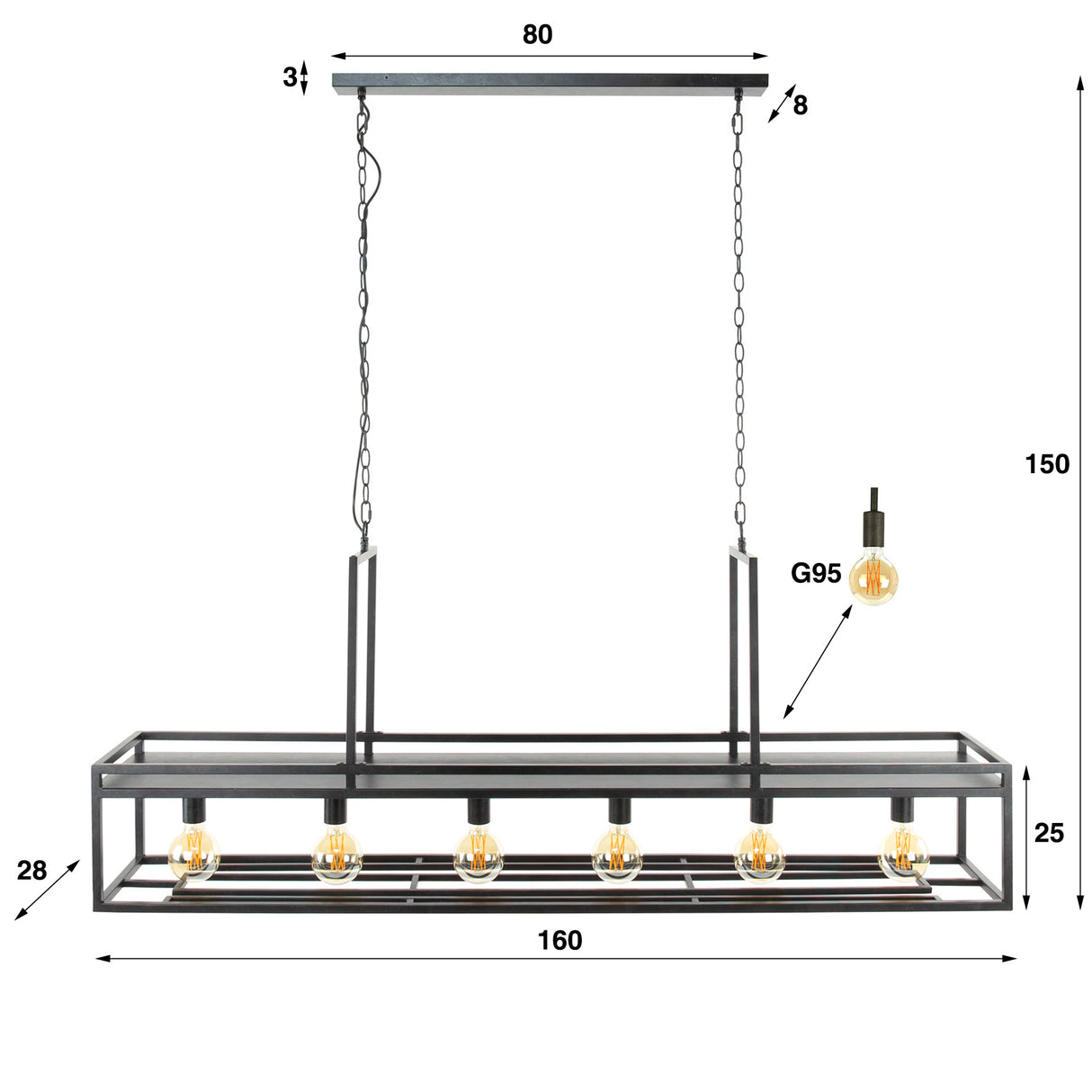 Lampada a sospensione Eloisa DH Interior Antracite LxPxH 162x38x32 Metallo Bianco Indicazione dimensione foto