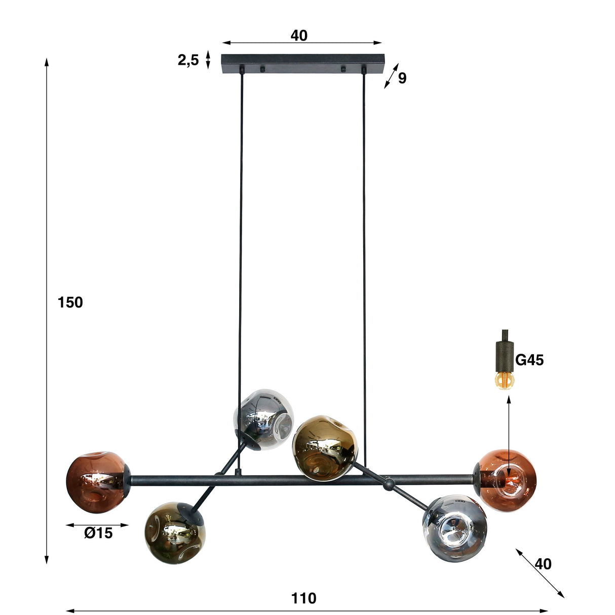 Lampada a sospensione Kaja DH Interior Nero LxLxH 111x50x21 Metallo Bianco Indicazione dimensione foto