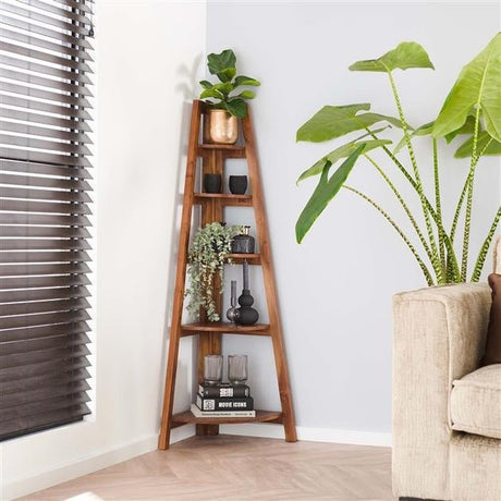 Scaffale angolare Jess DH Interior Acacia LxPxH 135x50x12 Legno di acacia Foto atmosferica vista frontale diagonale