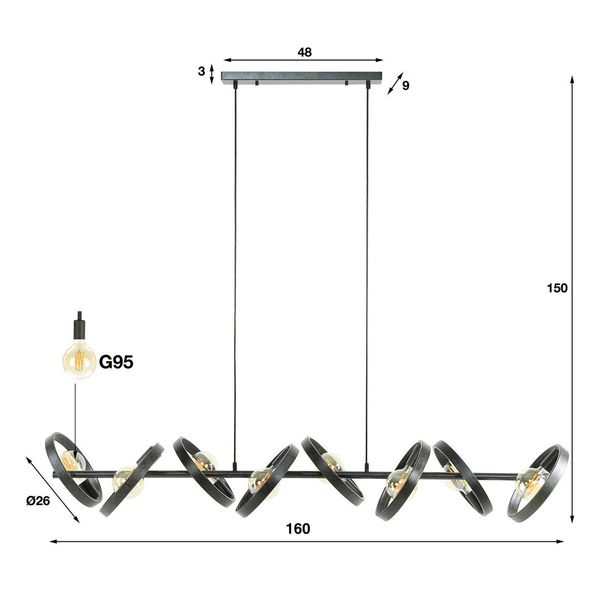 Lampada a sospensione Otan DH Interior Antracite LxPxH 168x44x19 Metallo Bianco Indicazione dimensione foto