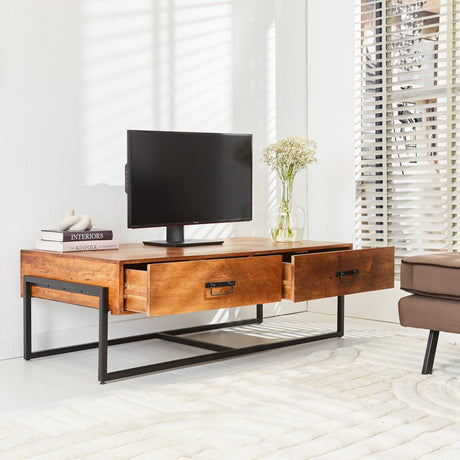 Mobili TV Emma Dimehouse Marrone LxPxH 148x82x52 Legno di mango Foto atmosferica obliqua con impostazione dell'angolo della vista frontale