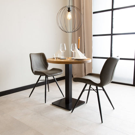 Tavolo da pranzo Tavolo da bistrot Rotondo Dimehouse Marrone LxPxH 66x66x7 Legno di mango Foto atmosferica obliqua con impostazione dell'angolo della vista frontale